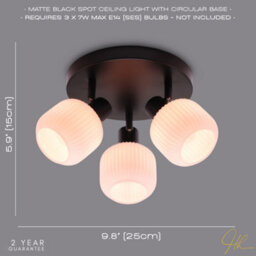 Happy Homewares Modern Designer Matte Black Spot Ceiling Light With White Ribbed Glass Shades - thumbnail 5