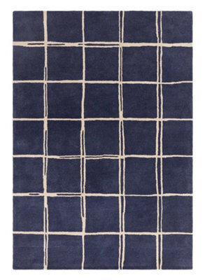Blue Chequered Wool Modern Shaggy Handmade Rug For Living Room Bedroom & Dining Room-200Cm X 290 Cm - image 1