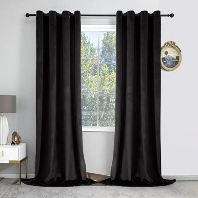 Oxford Homeware Eyelet Velvet Curtains Black Fully Lined Blackout Thermal Insulated Eyelet Curtains Pair (W)168Cm X (L)228Cm - image 1