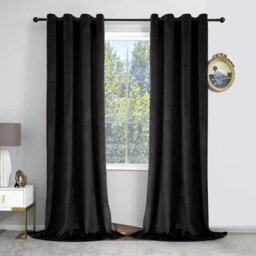 Oxford Homeware Eyelet Velvet Curtains Black Fully Lined Blackout Thermal Insulated Eyelet Curtains Pair (W)168Cm X (L)228Cm