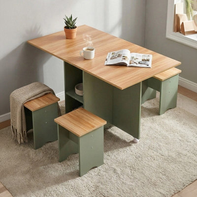 Living And Home 5-Piece Drop Leaf Expandable Dining Table Set With 4 Stools With Storage Shelves And Lockable Wheels, Natural Wood And Green - image 1