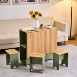 Living And Home 5-Piece Drop Leaf Expandable Dining Table Set With 4 Stools With Storage Shelves And Lockable Wheels, Natural Wood And Green - thumbnail 3
