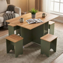 Living And Home 5-Piece Drop Leaf Expandable Dining Table Set With 4 Stools With Storage Shelves And Lockable Wheels, Natural Wood And Green - thumbnail 2