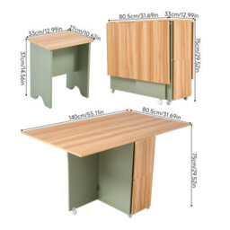 Living And Home 5-Piece Drop Leaf Expandable Dining Table Set With 4 Stools With Storage Shelves And Lockable Wheels, Natural Wood And Green - thumbnail 7