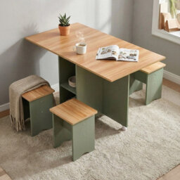 Living And Home 5-Piece Drop Leaf Expandable Dining Table Set With 4 Stools With Storage Shelves And Lockable Wheels, Natural Wood And Green