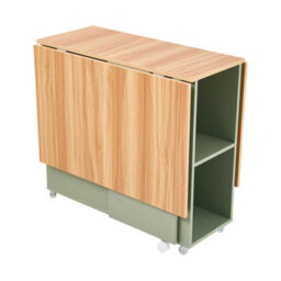 Living And Home 5-Piece Drop Leaf Expandable Dining Table Set With 4 Stools With Storage Shelves And Lockable Wheels, Natural Wood And Green - thumbnail 5