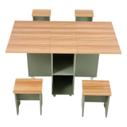 Living And Home 5-Piece Drop Leaf Expandable Dining Table Set With 4 Stools With Storage Shelves And Lockable Wheels, Natural Wood And Green - thumbnail 4