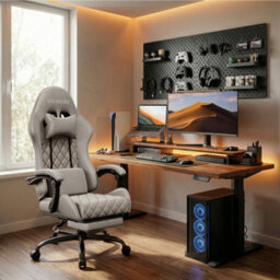 Precision Synergie Fabric Gaming Chair, Massage Computer Chair With Footrest, Lumbar Support & Height Adjustable For Home, Gray - thumbnail 8