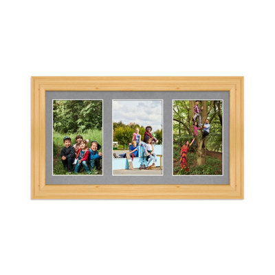 AK Frames 40X20Cm Light Oak Classic Multi Photo Frame With Mid Grey Mount - Holds 3 Apertures (3X) 6X4 Photos