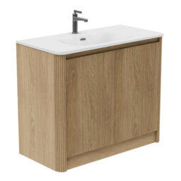 Plum&clay Isla Ribbed Fluted Oak Wood Freestanding Bathroom Vanity Unit & White Basin Set (W)1000mm