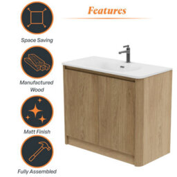 Plum&clay Isla Ribbed Fluted Oak Wood Freestanding Bathroom Vanity Unit & White Basin Set (W)1000mm - thumbnail 6