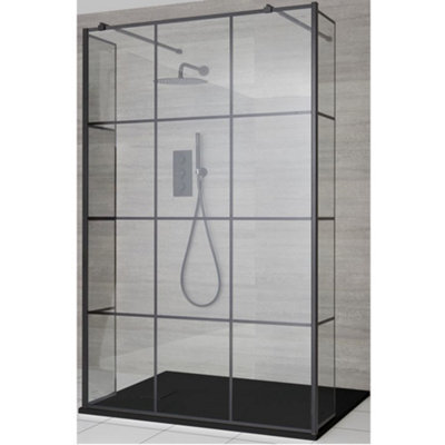 Homestylestore Black Grid Floating Glass Wet Room Walk In Shower Enclosure With Graphite Slate Effect Tray 1400 X 800mm - image 1