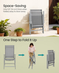 LEDREM Set Of 2 Folding Garden Chairs, Outdoor Chairs With Metal Frame, 8-Angle Reclining Backrest,grey - thumbnail 5