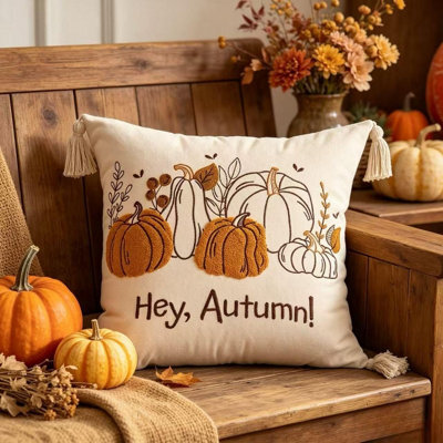 Amorly 45X45Cm Hey Autumn Embroidered Pumpkin Pillow Cover With Tassels,farmhouse Fall Cushion Case,no Pillow Insert,for Sofa Living Room - image 1