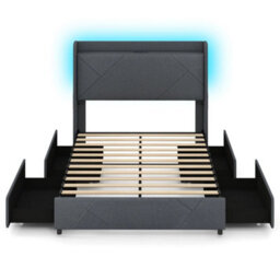 Double Size 4Ft6 Bed Frame Upholstered Platform Bed With Led Lights - thumbnail 1