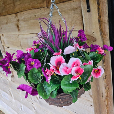 Best Artificial Pink & Purple Pansy Flower With Woven Decorative Hanging Basket For Indoor Or Outdoor Use - image 1