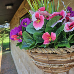 Best Artificial Pink & Purple Pansy Flower With Woven Decorative Hanging Basket For Indoor Or Outdoor Use - thumbnail 3