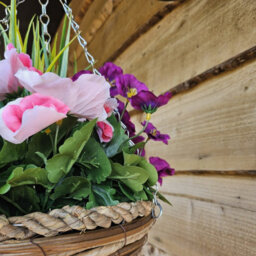 Best Artificial Pink & Purple Pansy Flower With Woven Decorative Hanging Basket For Indoor Or Outdoor Use - thumbnail 2