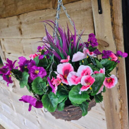 Best Artificial Pink & Purple Pansy Flower With Woven Decorative Hanging Basket For Indoor Or Outdoor Use