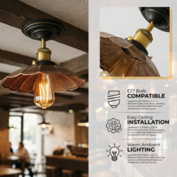 Industrial-Semi Flush Mount Ceiling Lighting E27 Base Metal 22Cm Umbrella Shape Brushed Copper Lamp Shade Living Room - thumbnail 6