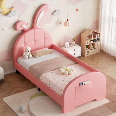 Abrihome Pink 3Ft Single Rabbit-Shaped Bed Frame, Pu Leather, Bunny Ear Headboard, Storage Pockets, Sturdy Metal-Wood Frame (No Mattress) - image 1