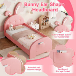 Abrihome Pink 3Ft Single Rabbit-Shaped Bed Frame, Pu Leather, Bunny Ear Headboard, Storage Pockets, Sturdy Metal-Wood Frame (No Mattress) - thumbnail 4