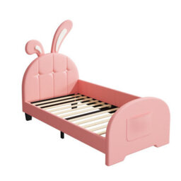 Abrihome Pink 3Ft Single Rabbit-Shaped Bed Frame, Pu Leather, Bunny Ear Headboard, Storage Pockets, Sturdy Metal-Wood Frame (No Mattress) - thumbnail 9