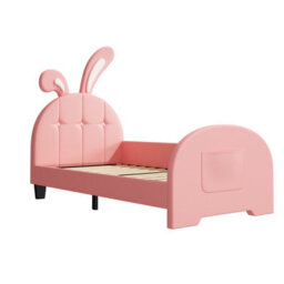 Abrihome Pink 3Ft Single Rabbit-Shaped Bed Frame, Pu Leather, Bunny Ear Headboard, Storage Pockets, Sturdy Metal-Wood Frame (No Mattress) - thumbnail 7