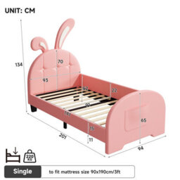 Abrihome Pink 3Ft Single Rabbit-Shaped Bed Frame, Pu Leather, Bunny Ear Headboard, Storage Pockets, Sturdy Metal-Wood Frame (No Mattress) - thumbnail 3