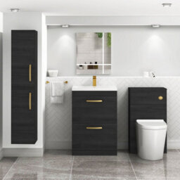 Royal Bathrooms Turin Hale Black 600mm Floor Standing Vanity Unit 2 Drawer With Mid-Edge Basin Sink & Brushed Brass Handles - thumbnail 4