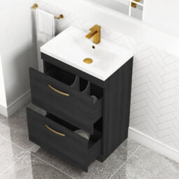 Royal Bathrooms Turin Hale Black 600mm Floor Standing Vanity Unit 2 Drawer With Mid-Edge Basin Sink & Brushed Brass Handles - thumbnail 5