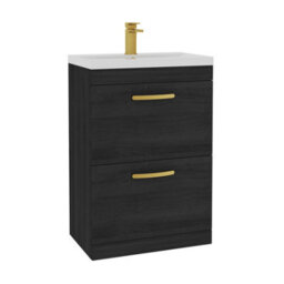 Royal Bathrooms Turin Hale Black 600mm Floor Standing Vanity Unit 2 Drawer With Mid-Edge Basin Sink & Brushed Brass Handles - thumbnail 6