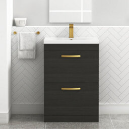 Royal Bathrooms Turin Hale Black 600mm Floor Standing Vanity Unit 2 Drawer With Mid-Edge Basin Sink & Brushed Brass Handles