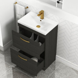Royal Bathrooms Turin Hale Black 600mm Floor Standing Vanity Unit 2 Drawer With Mid-Edge Basin Sink & Brushed Brass Handles - thumbnail 3