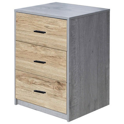 Urbn-Living Urbnliving Height 56Cm 3 Drawer Wooden Bedroom Bedside Cabinet Furniture Ash Grey Oak Carcass & Oak Drawers Storage Nightstand - image 1