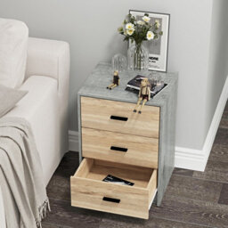 Urbn-Living Urbnliving Height 56Cm 3 Drawer Wooden Bedroom Bedside Cabinet Furniture Ash Grey Oak Carcass & Oak Drawers Storage Nightstand - thumbnail 4