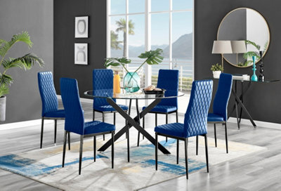 Furniturebox Uk Novara Black Leg 120Cm Round Glass Dining Table & 6 Navy Velvet Milan Black Leg Chairs - image 1