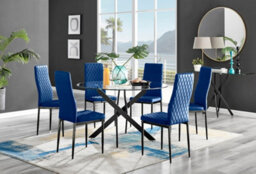 Furniturebox Uk Novara Black Leg 120Cm Round Glass Dining Table & 6 Navy Velvet Milan Black Leg Chairs - thumbnail 1