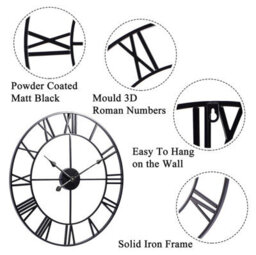 Wadan 60Cm Black Roman Metal Skeleton Wall Clock Clear Numbers Easy To Read Modern Analogue Wall Clock Battery Operated - thumbnail 2