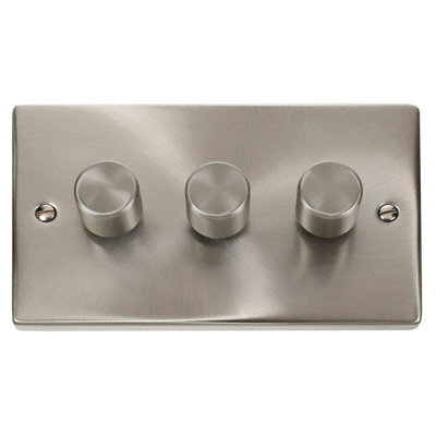 Satin / Brushed Chrome 3 Gang 2 Way Led 100W Trailing Edge Dimmer Light Switch - Se Home