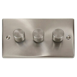 Satin / Brushed Chrome 3 Gang 2 Way Led 100W Trailing Edge Dimmer Light Switch - Se Home