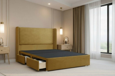 "Nexus Portofino Mustard Plush Divan Bed Base 2 Drawers Foot-End With 54"" Floor Standing Winged Headboard 4' Small Double" - image 1