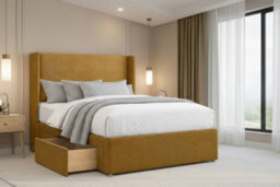 "Nexus Portofino Mustard Plush Divan Bed Base 2 Drawers Foot-End With 54"" Floor Standing Winged Headboard 4' Small Double" - thumbnail 3