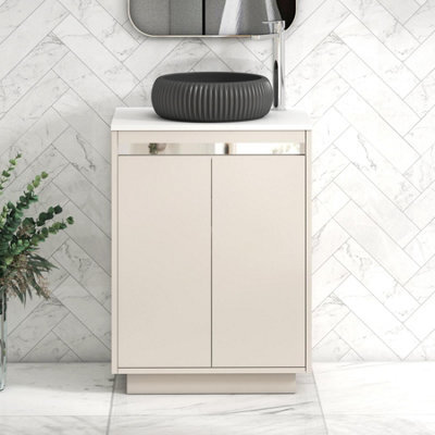Royal Bathrooms Orion 600mm Warm Taupe Floor Standing Plain White Countertop Vanity Unit 2 Door With Milan Black Basin & Chrome Accent Trim - image 1