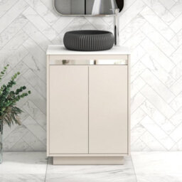Royal Bathrooms Orion 600mm Warm Taupe Floor Standing Plain White Countertop Vanity Unit 2 Door With Milan Black Basin & Chrome Accent Trim - thumbnail 2