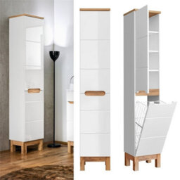 Impact Furniture Tall Bathroom Cabinet With Laundry Basket Slim Narrow Freestanding Storage Unit White Gloss And Oak Bali