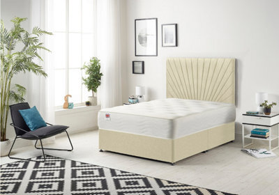 "Somnior Beds Platinum Divan Bed Set With Mattress & 30"" Headboard - Plush Velvet, Beige, 5Ft King" - image 1