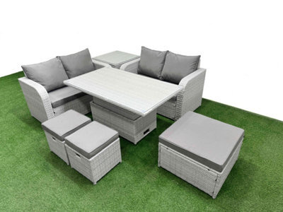 Fimous 7 Seater Outdoor Love Sofa Set Rattan Garden Furniture Set Adjustable Lifting Table 3 Footstool Side Table Light Grey - image 1