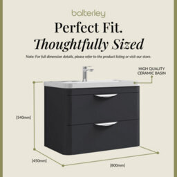 Balterley Aldershawe Contemporary Wall Hung 2 Drawer Bathroom Vanity Unit & Ceramic Basin, Dark Grey, 810mm - thumbnail 5