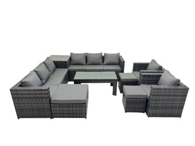 Fimous Garden Rattan Outdoor Furniture Set 11 Seater Patio Corner Sofa Oblong Coffee Table With Chair 3 Stool Side Table Dark Grey - image 1